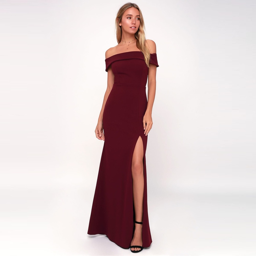 Lulus Aveline Burgundy Off-the-Shoulder Maxi Dress